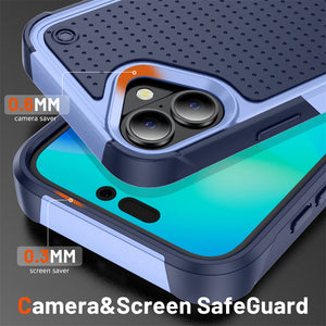 iPhone case with camera and screen protection features on a dark background
