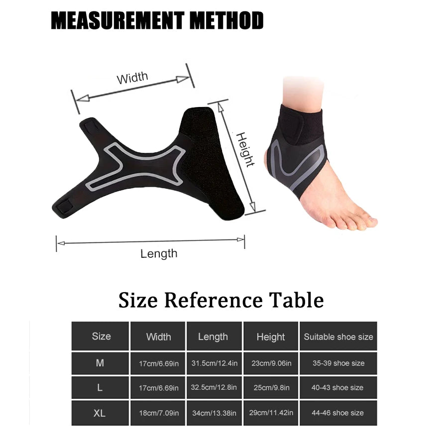 Measurement guide for a black ankle support brace with a size reference table.