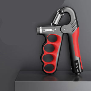 Red and black mechanical counting gripper on a dark background with text detailing features.