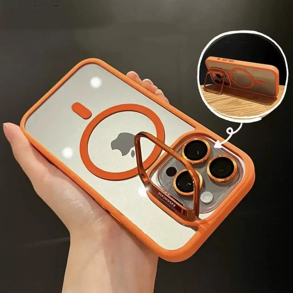 iPhone case with camera protection feature held by a hand on a dark background