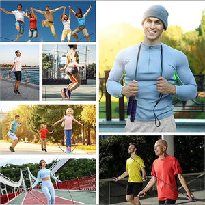 Collage of people jumping rope in various settings with a man holding a jump rope.