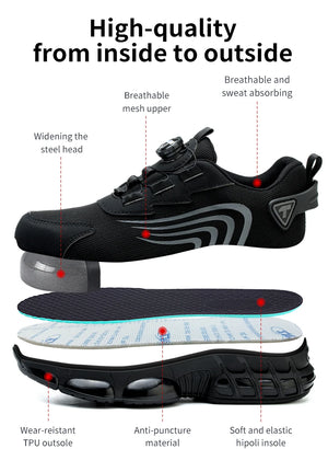 Black work shoe with features highlighted on a white background