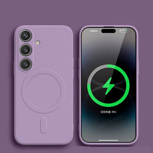 Smartphone with a charging icon on the screen and a purple case on a purple background