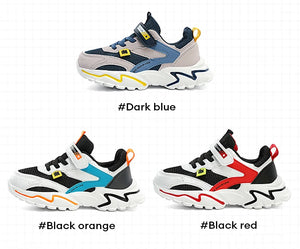 Three pairs of colorful sneakers with color labels on a white background