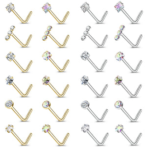 Gold & Silver Nose Stud Set – Heart Star Round L Shape Nostril Piercing 0.8x7mm