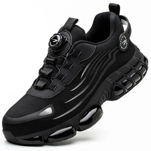 Black work shoe sneaker with visible brand logos on a white background
