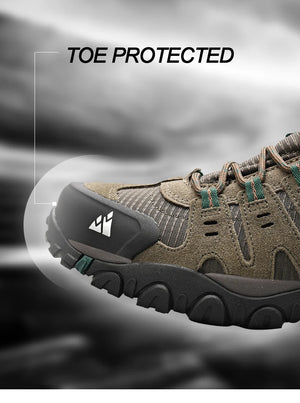Brown hiking shoe with toe protection on a blurred background