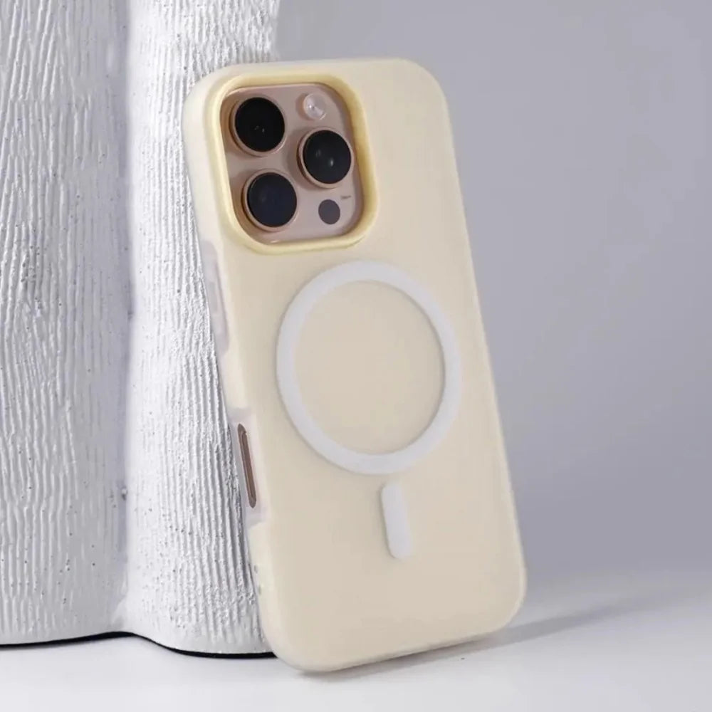 Beige Luxury Matte Candy Color MagSafe Magnetic Clear Case for iPhone 11–17 on a white surface