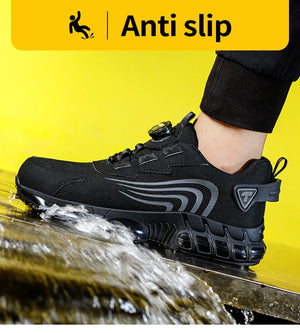 Black work shoe with anti-slip feature on a yellow background