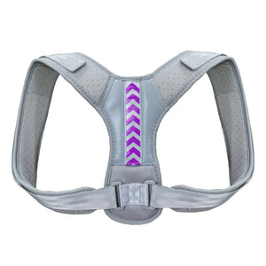 Gray Adjustable upper back support strap for shoulder alignment and daily posture comfort with purple accents on a white background