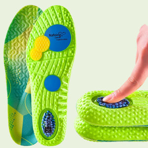 Green damping air cushion insoles with a hand touching one, on a green background.