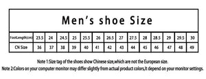 A size chart labeled 'Men's shoe Size' showing a table with foot length in centimeters and corresponding Chinese shoe size, plus two notes below explaining that shoe tags show Chinese size rather than European size and that monitor color may differ slightly.