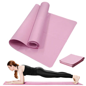 Pink yoga mat with a person in a plank position on a white background