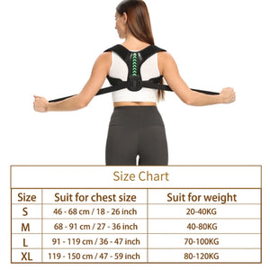 Woman wearing a black Adjustable upper back support strap for shoulder alignment and daily posture comfort with a size chart on a white background