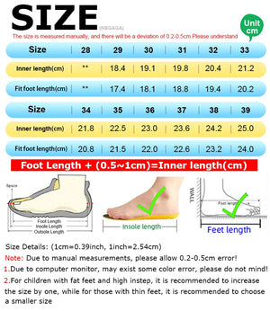 Shoe size chart with measurements for inner length and fit foot length in centimeters.