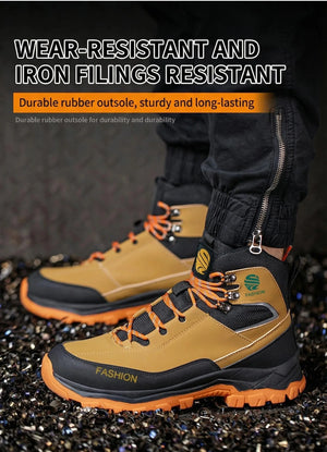 Yellow and black safety boots with orange soles on a dark background, featuring text about durability.