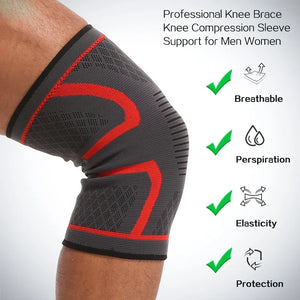 Gray and red knee brace with features listed on a white background