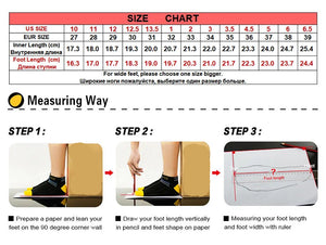 A size chart and measurement guide for UOVO shoes, showing a size table from US size 10 to 6.5 and three illustrated steps for measuring foot length and width.