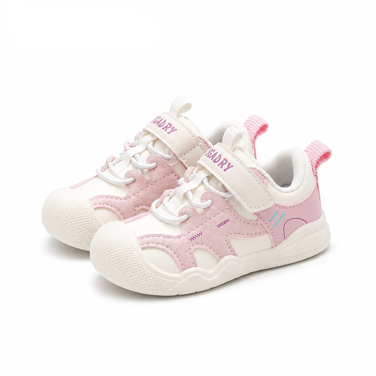 A pair of children's sneakers in white and light pink, featuring hook-and-loop straps, laces, and a textured rubber sole, shown on a white background with the PmwRun logo in the top left corner.