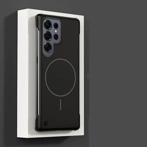 Black phone case with magnetic feature on a white stand against a dark background