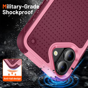 Pink iphone case with military-grade shockproof feature on a dark background