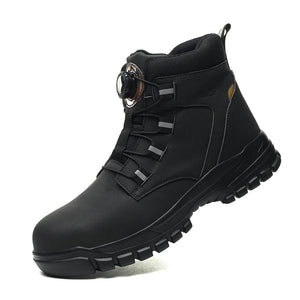 Black boot with a thick sole on a white background