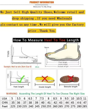 Measurement guide for shoe size with text about selling shoes and contact information.