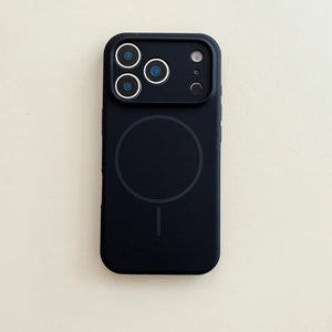 Black phone case with a minimalist design on a beige background