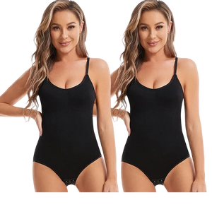 Two identical images of a woman wearing a black bodysuit on a white background.