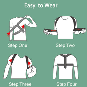 Step-by-step guide on how to wear a shoulder brace with illustrations and text.