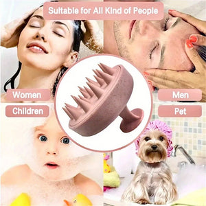 Product for scalp massage with images of people and a dog using it.