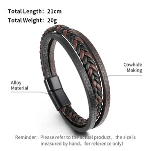 Mens braided leather bracelet with stainless steel clasp multilayer rope wristband