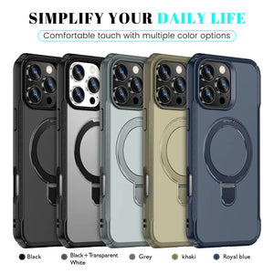 Five iphone case options in black, black+transparent white, gray, khaki, and royal blue with a ring holder on a white background.
