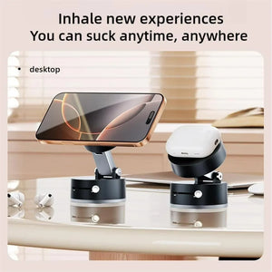 Phone holder on a desk with text 'Inhale new experiences You can suck anytime, anywhere' and 'desktop' label.