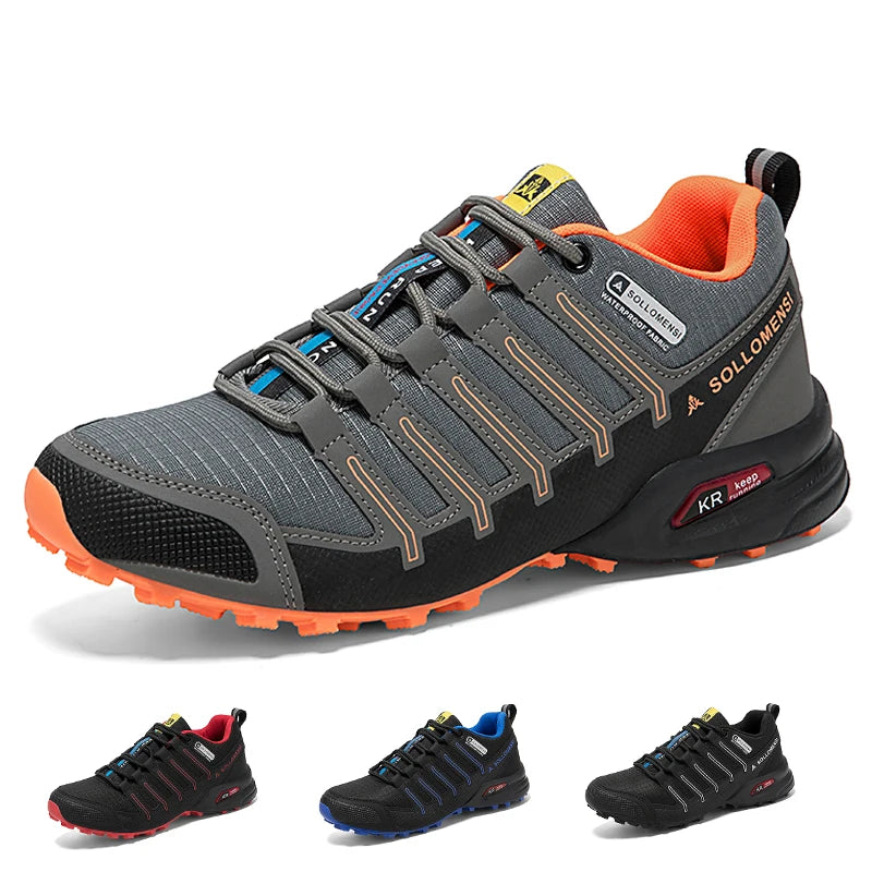 Men's waterproof hiking shoes with leather upper, TPR outsole, and lace-up closure in multiple colors