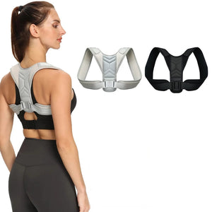 Woman wearing a hump correction belt with illustrations of poor and good posture.