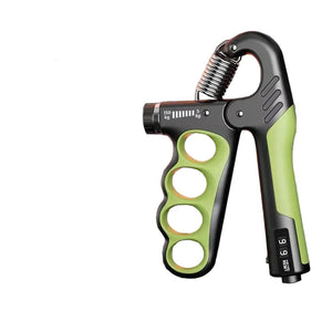 Green mechanical counting gripper with digital display on a gray background