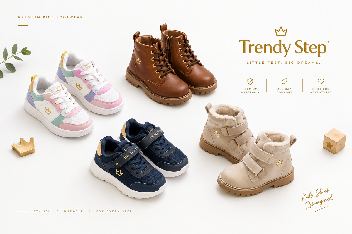 A collection of Trendy Step kids' footwear, including pastel sneakers in pink, blue, and green, brown leather boots, navy blue sneakers, and beige velcro boots, arranged on a clean white background with decorative gold crowns and branding.