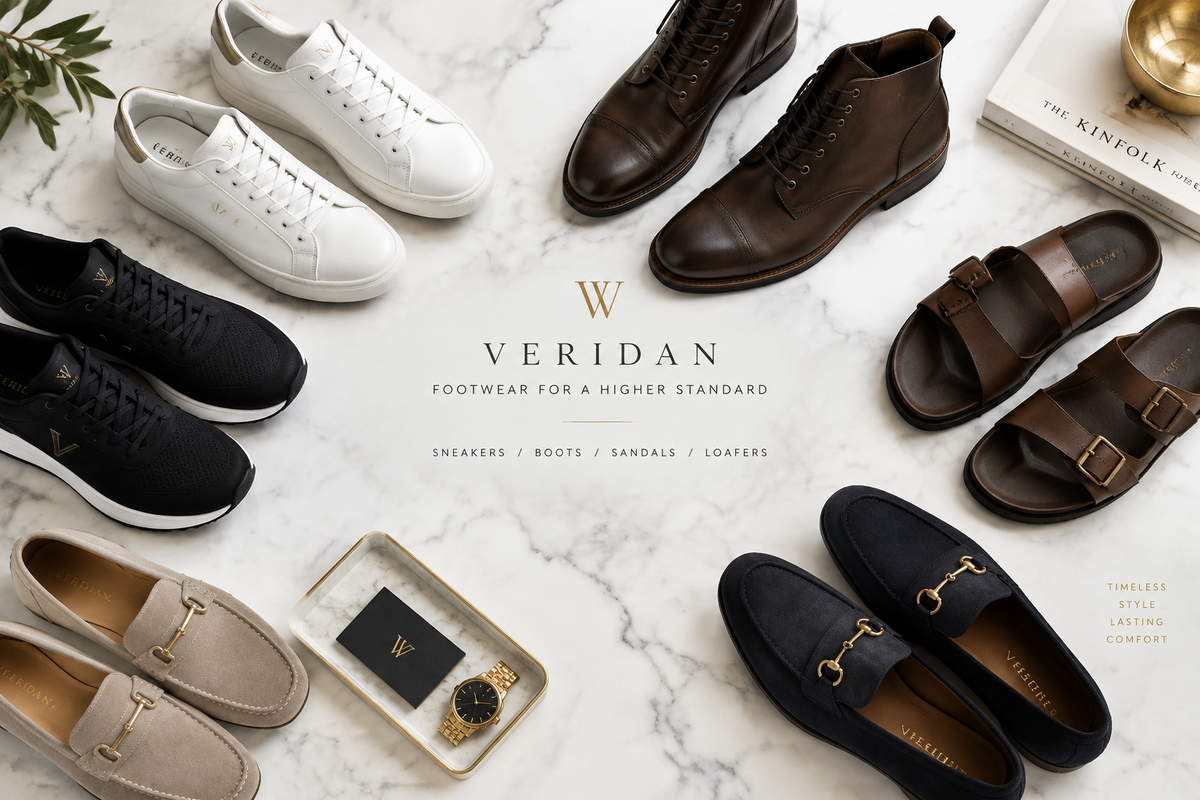 A flat-lay showcase of multiple Veridan footwear collections, including sneakers, boots, sandals, and loafers, arranged on a white marble background with a central logo overlay.
