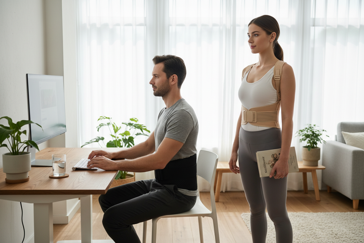Man using lumbar support belt and woman using posture corrector to improve posture at home.