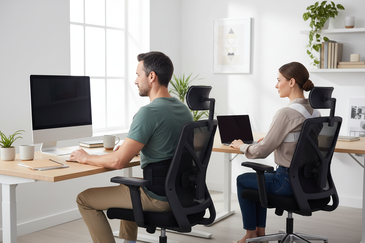 Man wearing lumbar back support belt and woman using posture corrector and shoulder brace to improve posture and reduce back pain at home.