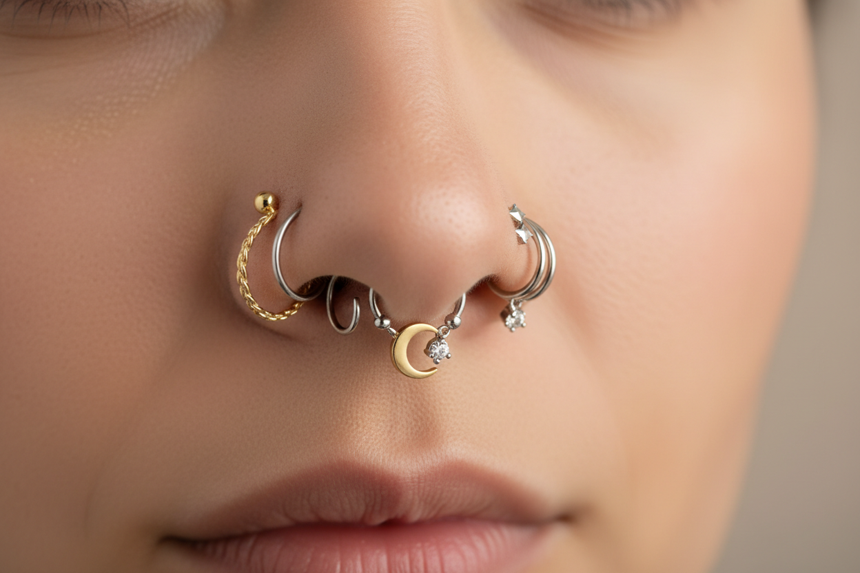 Close-up of nose rings and studs worn on a model, gold and silver, soft studio lighting, photorealistic, high quality, minimal background, e-commerce product shot