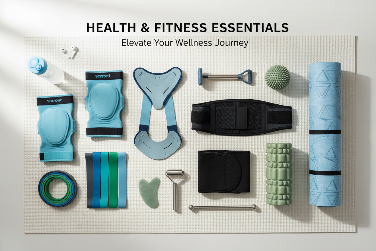 Health & Fitness Essentials collection featuring posture support, waist trainers, joint supports, fitness gear, and wellness tools
