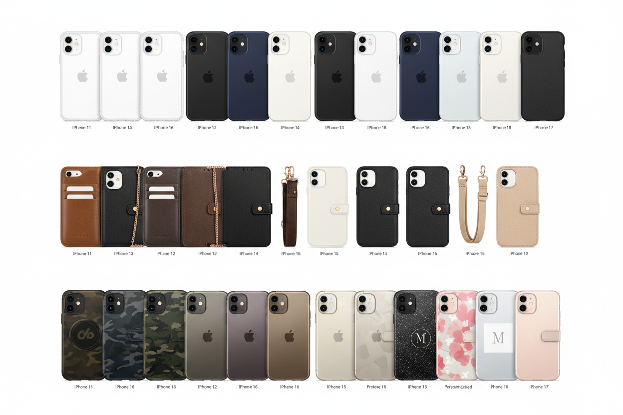 iPhone phone cases collection with clear, wallet, crossbody, slim, heavy-duty, protective, and personalized covers for iPhone 11-17 models