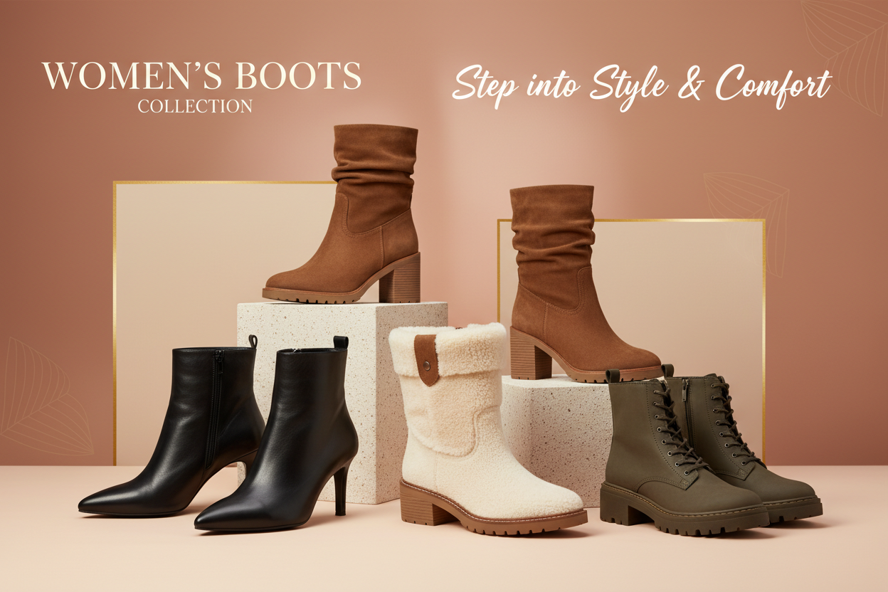 Shop women’s boots online including ankle boots, leather styles, and fashionable winter footwear. Comfortable, trendy, and perfect for every season.