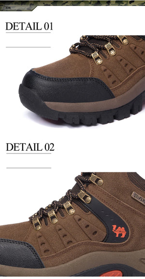 Brown hiking boots with gold zippers and black soles on a white background