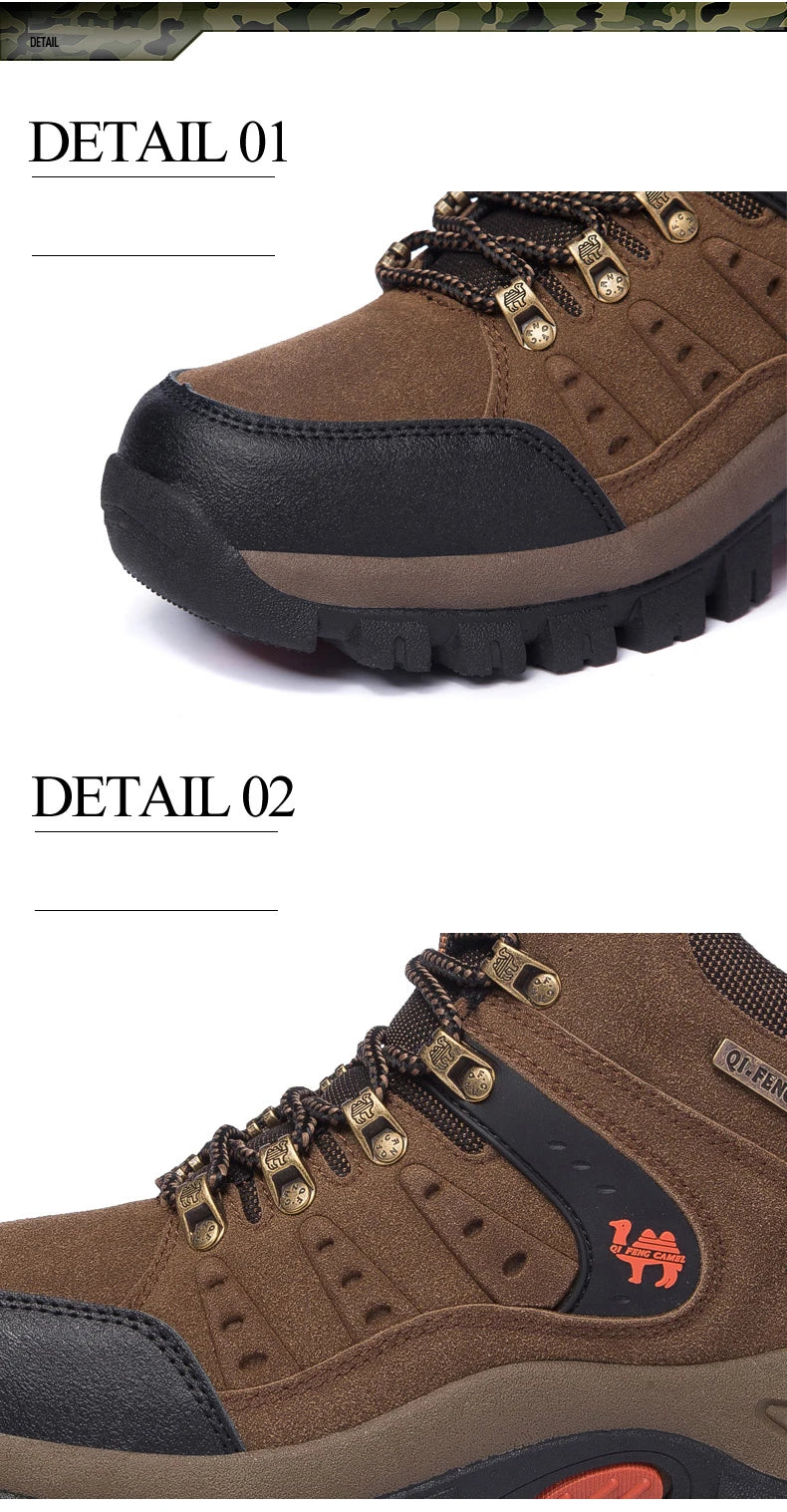 Brown hiking boots with gold zippers and black soles on a white background