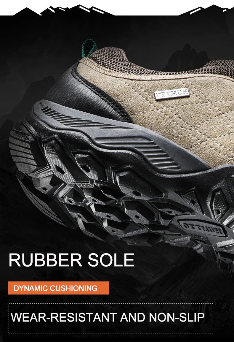 Close-up of a hiking shoe with a focus on the rubber sole, featuring dynamic cushioning and wear-resistant properties.