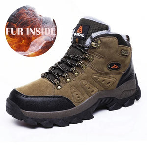 Brown hiking boot with black sole on a white background, inset showing fur inside label.