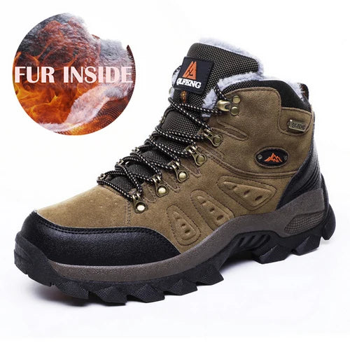 Brown hiking boot with black sole on a white background, inset showing fur inside label.